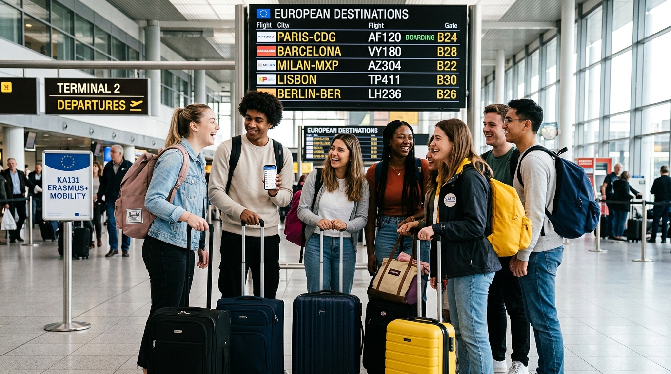 KA131 Erasmus+ öğrenci hareketliliği, havaliманında öğrenciler